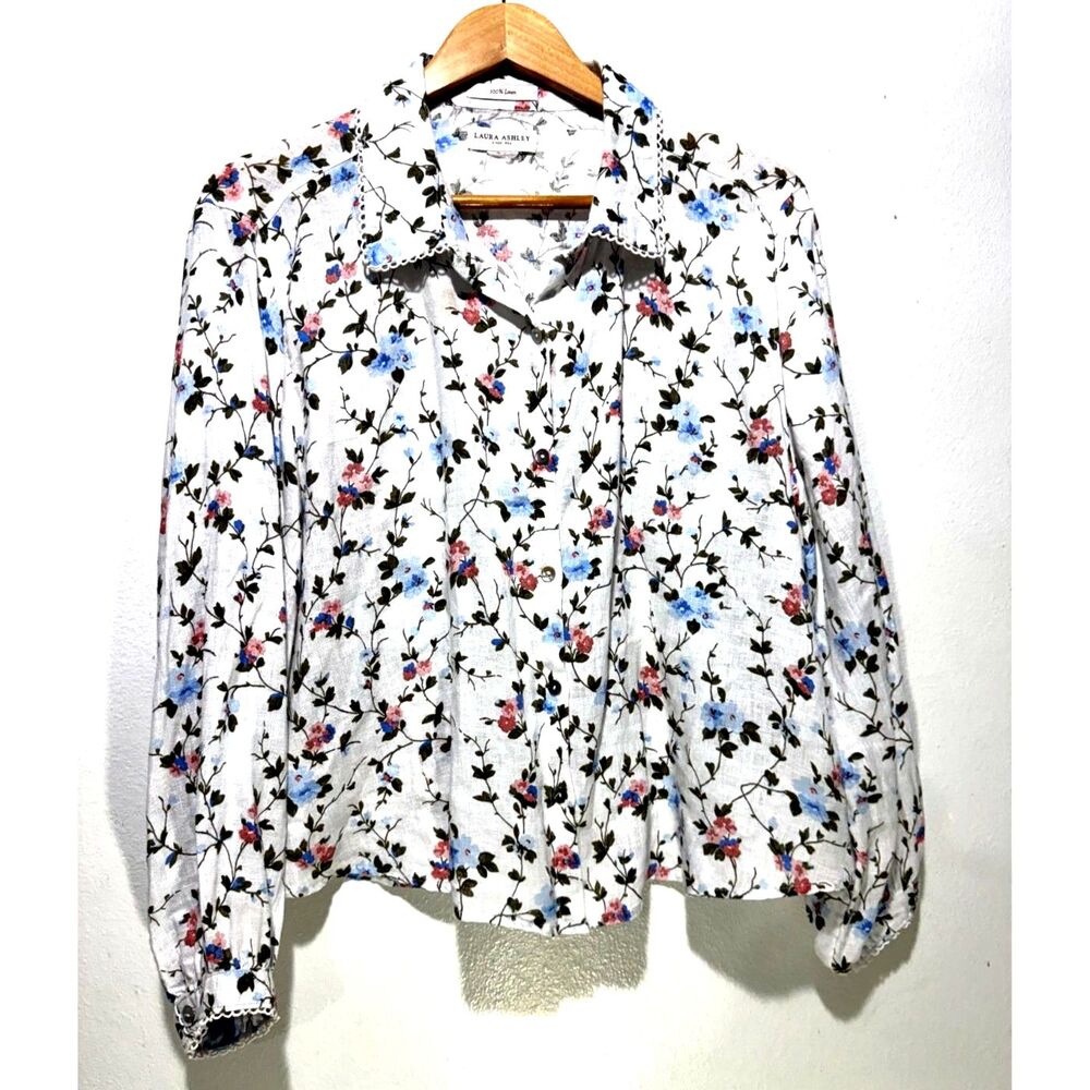 Laura Ashley 100% linen button up short cottage core french roses floral women1X